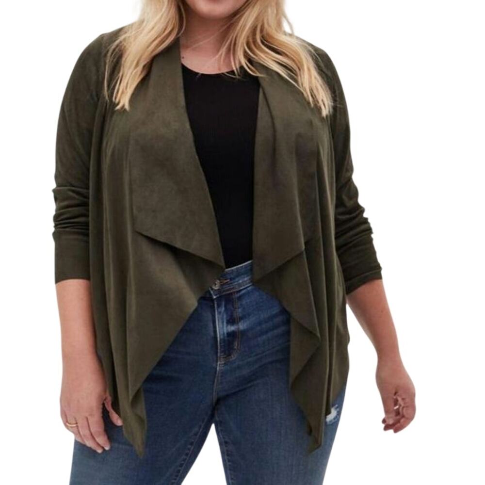 Torrid Faux Suede Drape Front Boho Jacket in Rosin Dark Green